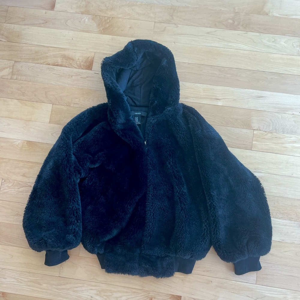 Forever 21 Black Fuzzy Bomber Jacket